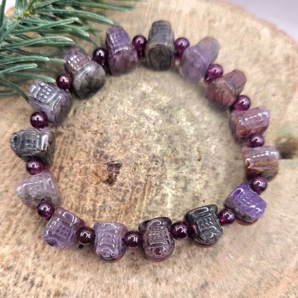 Nature Auralite 23 Hand Carved Pi Xiu Purple Garnet Feng Shui Bracelet - Picture 6 of 10